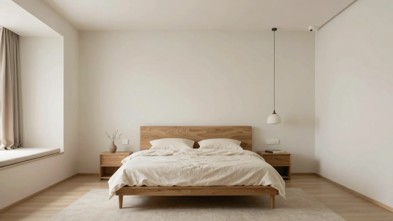 Minimal Japandi bedroom, low wooden bed, soft linen bedding, warm diffused light, off-white walls, editorial interior ph