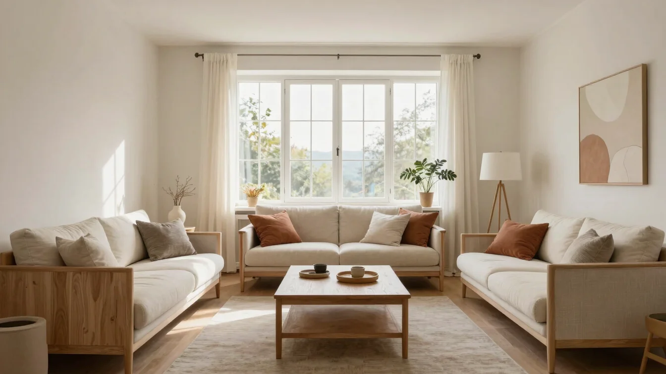 Bright Scandinavian living room, pale oak furniture, cream textiles, natural daylight through a large window, editorial