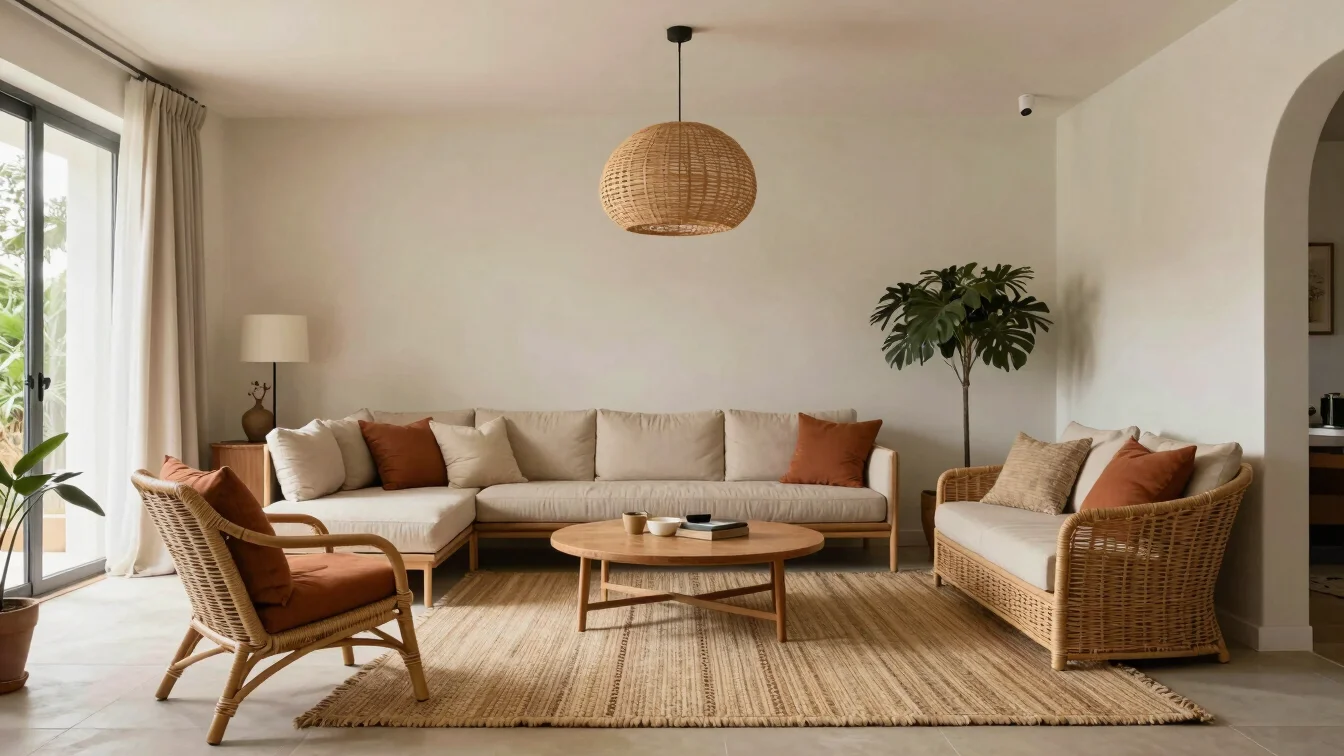 Bohemian living room with rattan chair, woven rugs, terracotta cushions, warm pendant light, editorial interior photogra