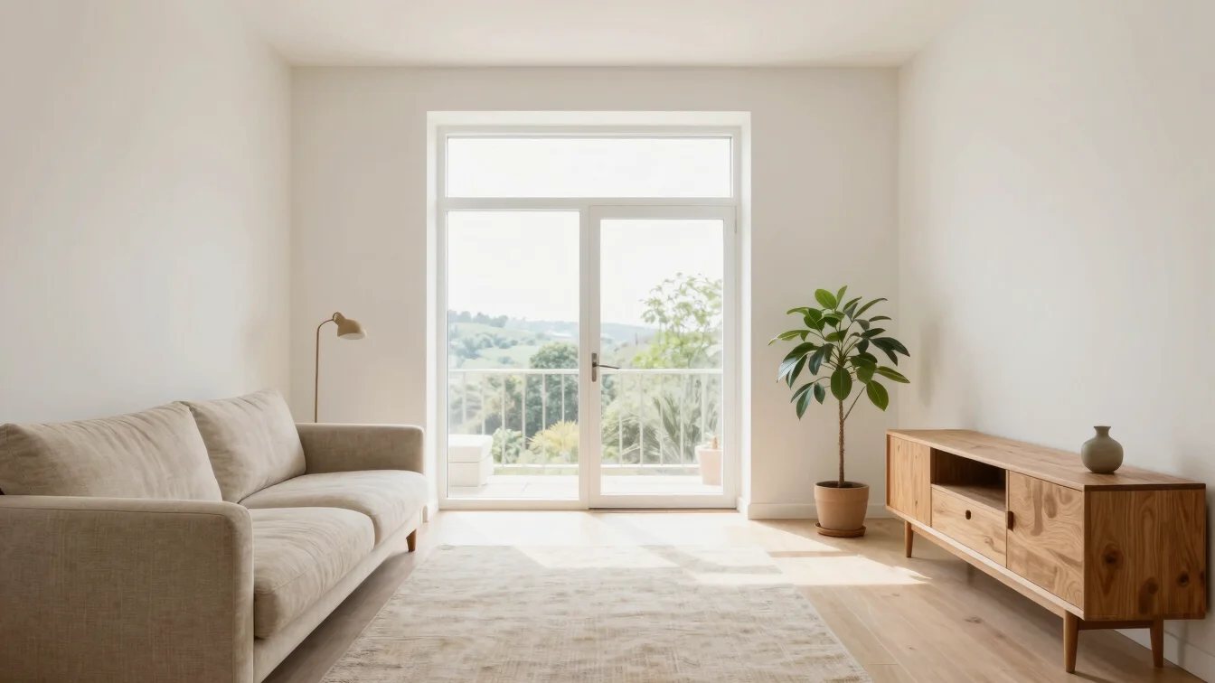 Wide-angle editorial photograph of a bright Japandi living room w