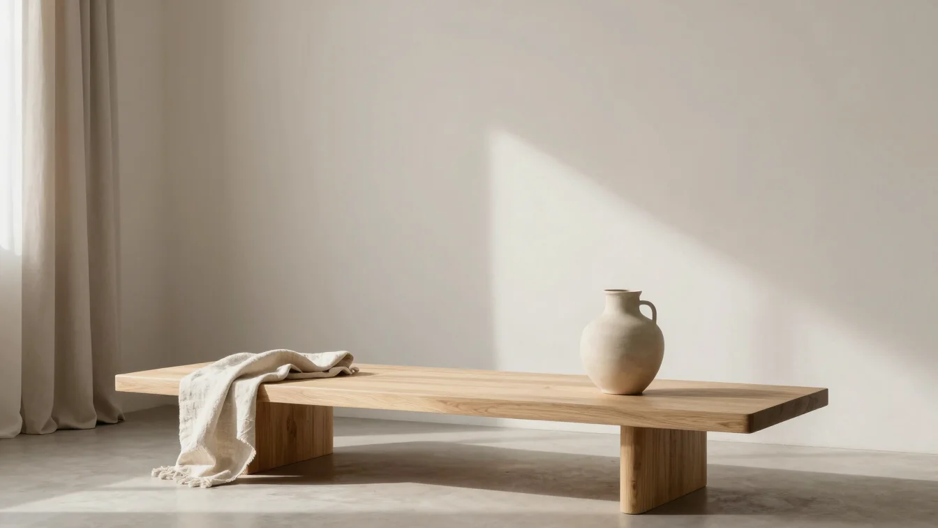 Close editorial photograph of a Japandi corner with a pale oak lo