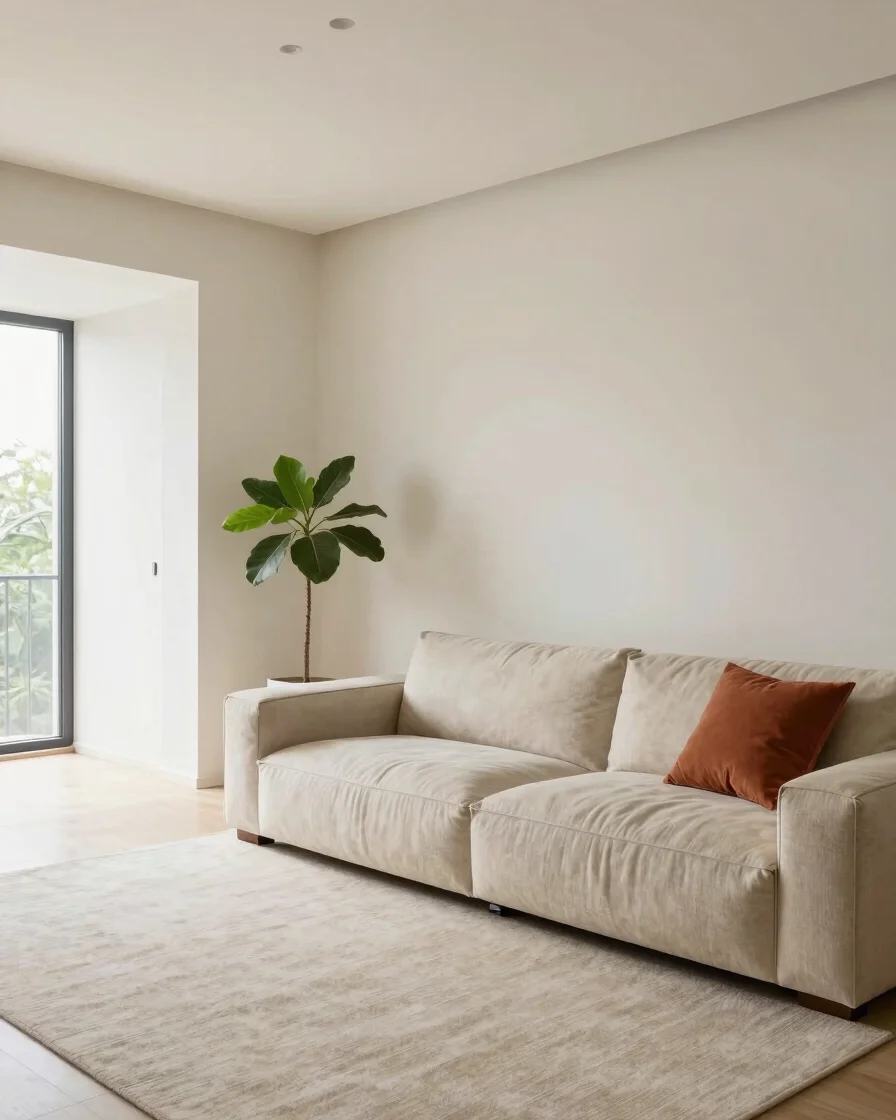 Expansive sunlit living room photograph, wide-angle, soft natural
