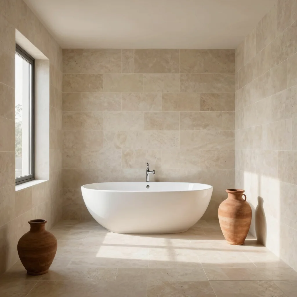 Serene bathroom with beige stone tiles and a terracotta vase, nat