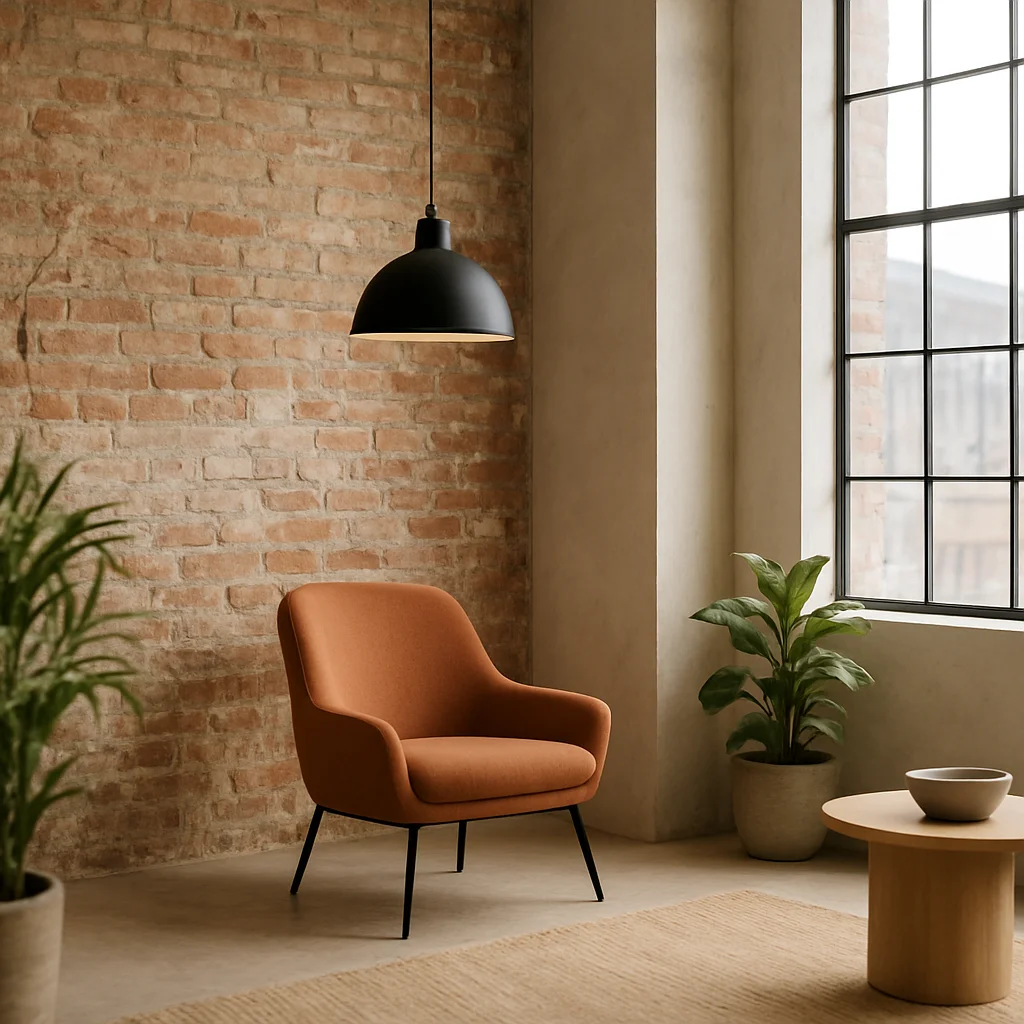Industrial loft corner with exposed brick, a black metal pendant