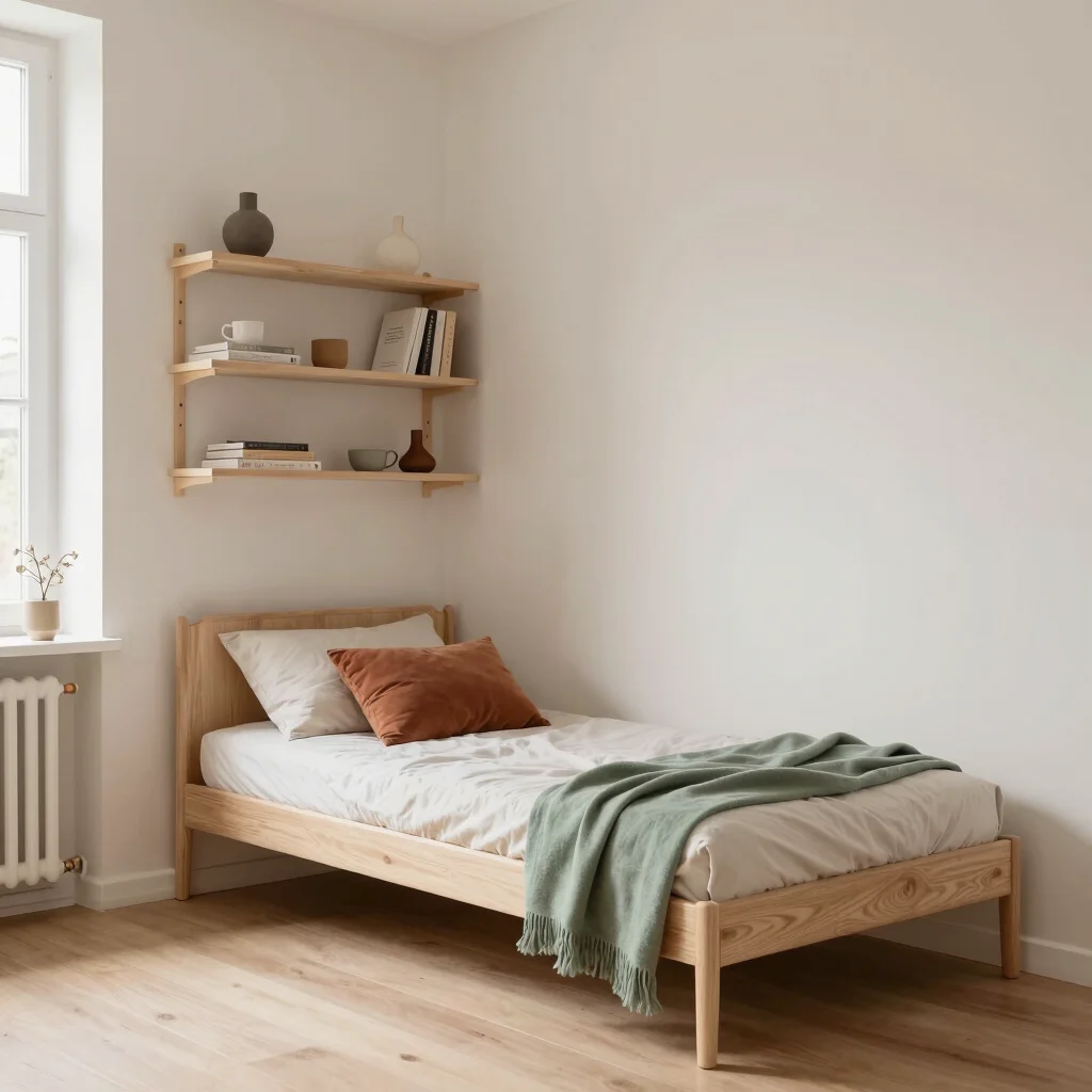 Compact Scandinavian studio corner with a daybed, pale wood shelv