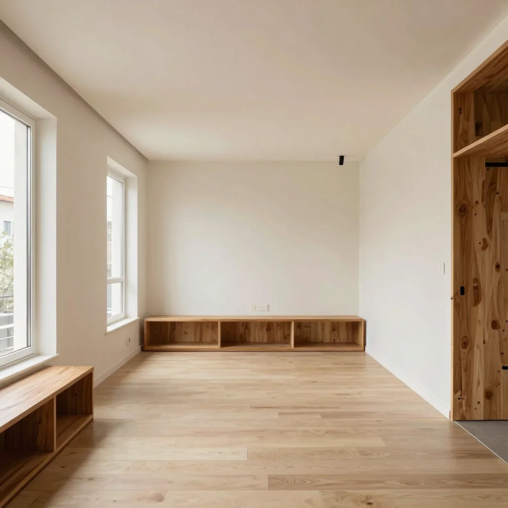 Compact studio apartment with a clear path, low storage, warm woo