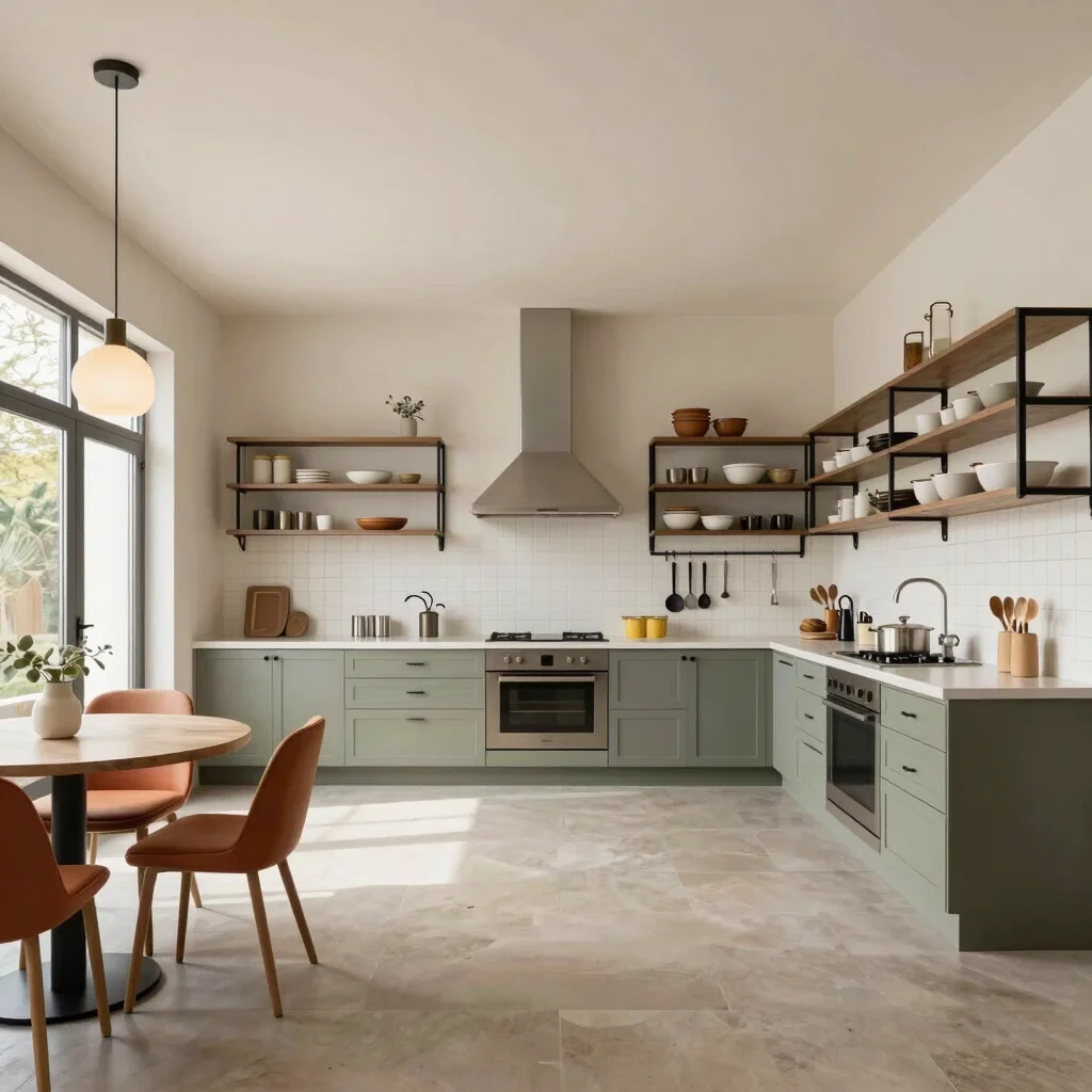 Industrial-style kitchen with black steel shelving and warm penda