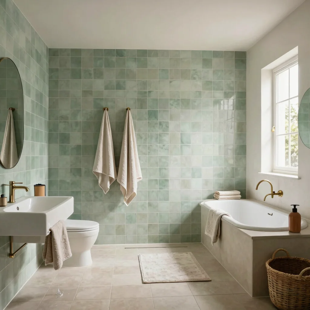 Contemporary bathroom with sage green tiles and linen towels, sof