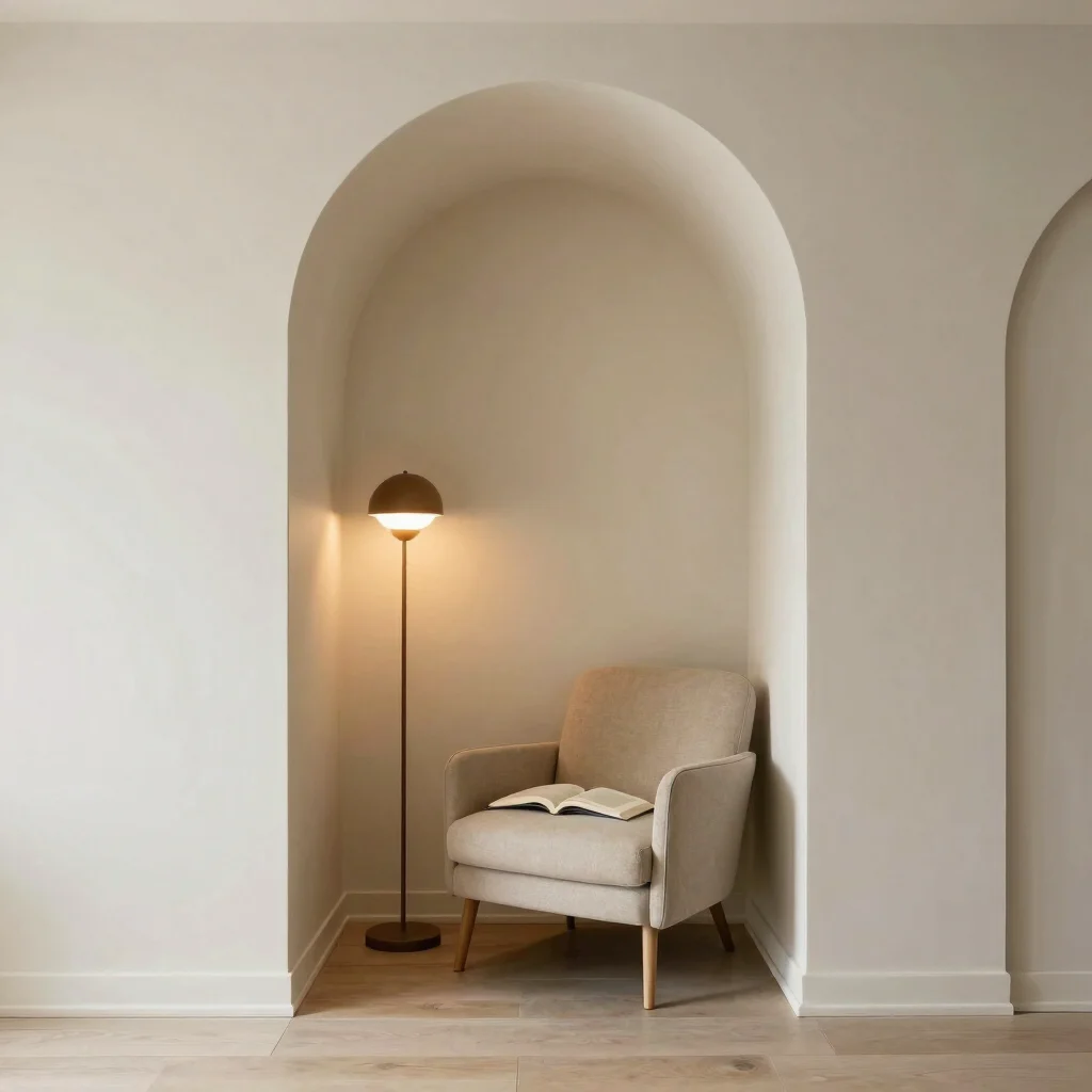 Small reading nook with a sage armchair and warm floor lamp, edit
