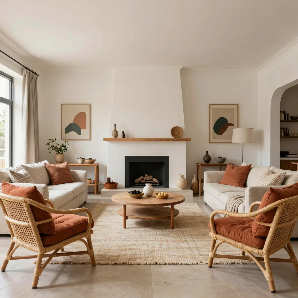 Wide editorial photograph of a bohemian living room with rattan c