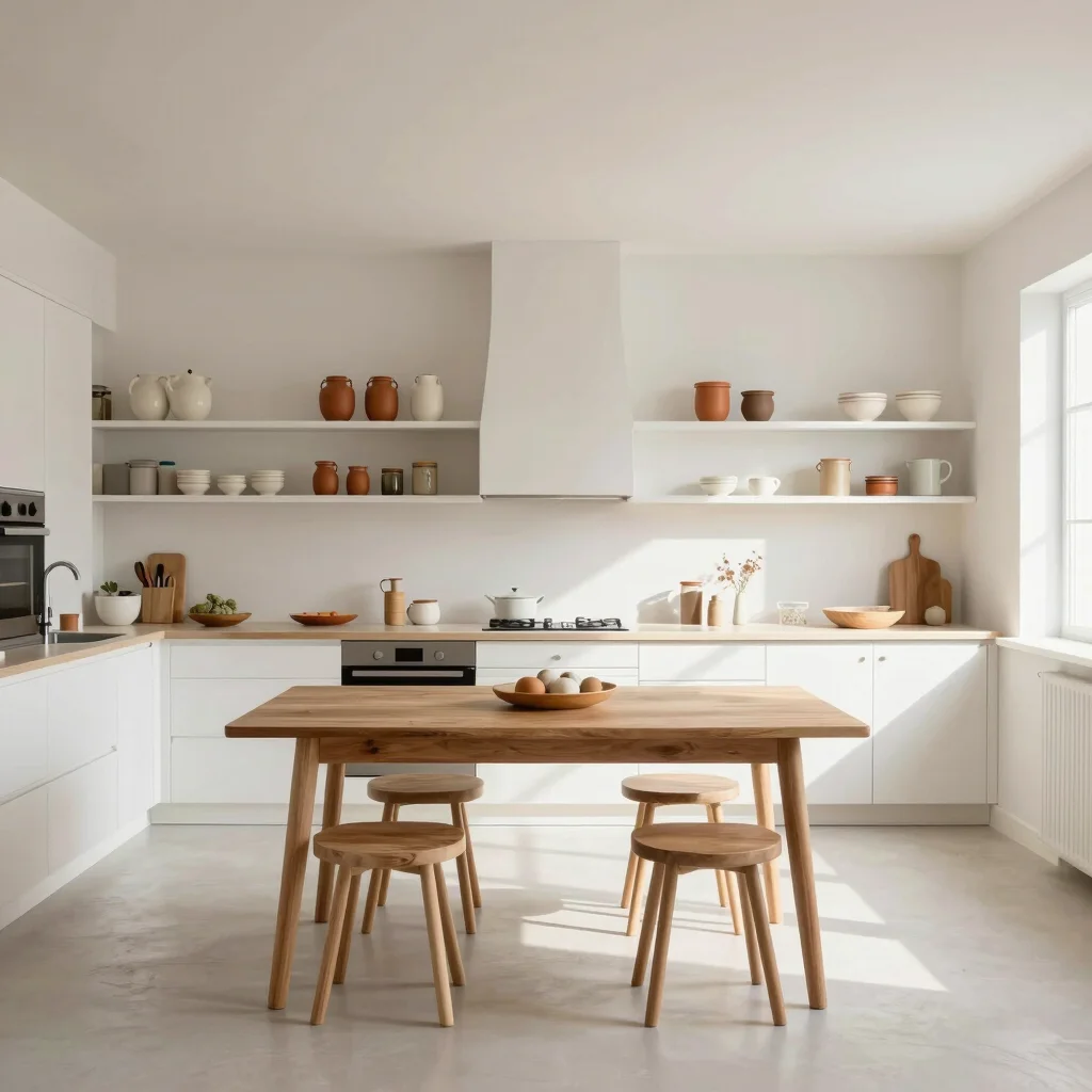 Bright white kitchen with open shelving, ceramic jars, and a wood