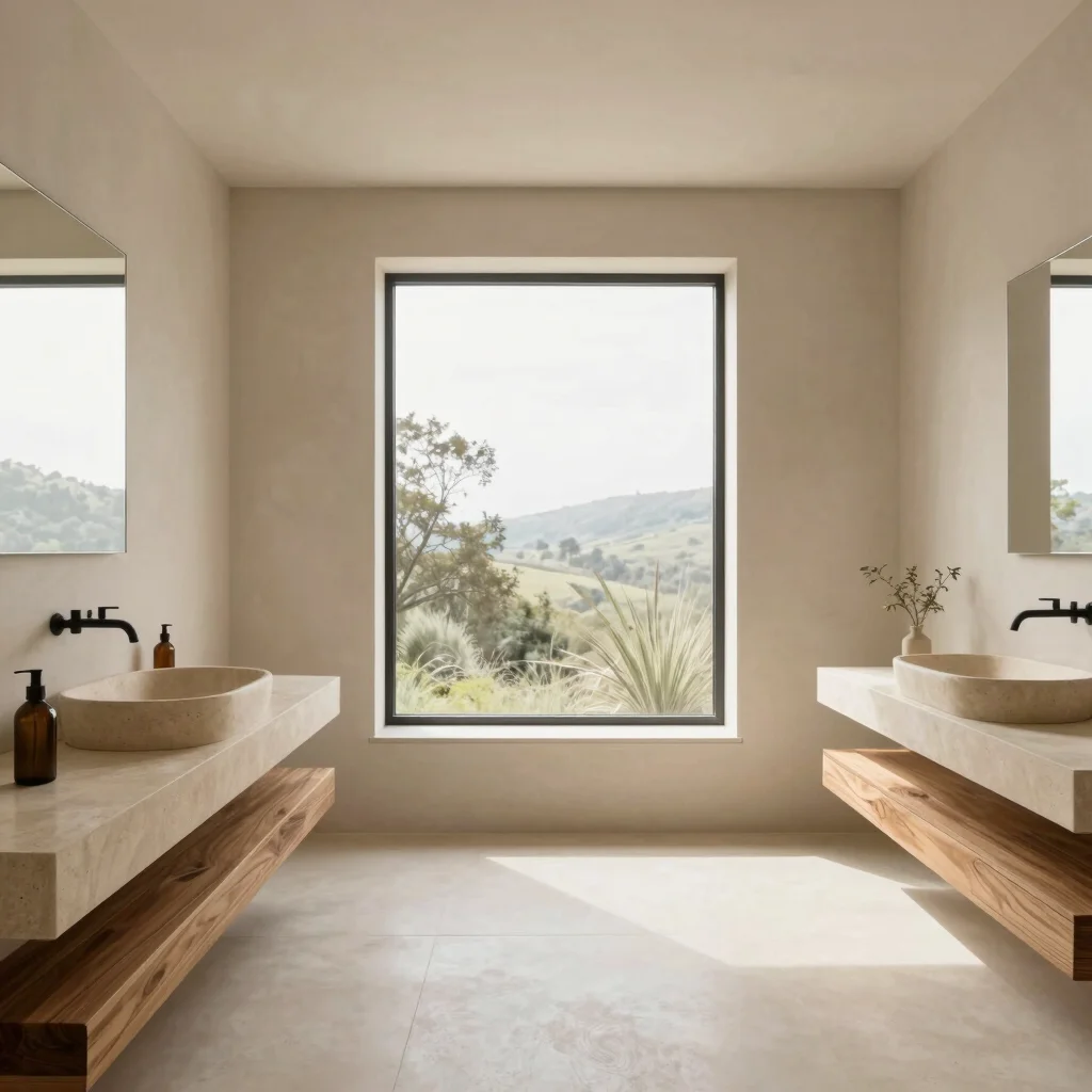 Minimal bathroom with a beige stone basin, warm wood accents, and
