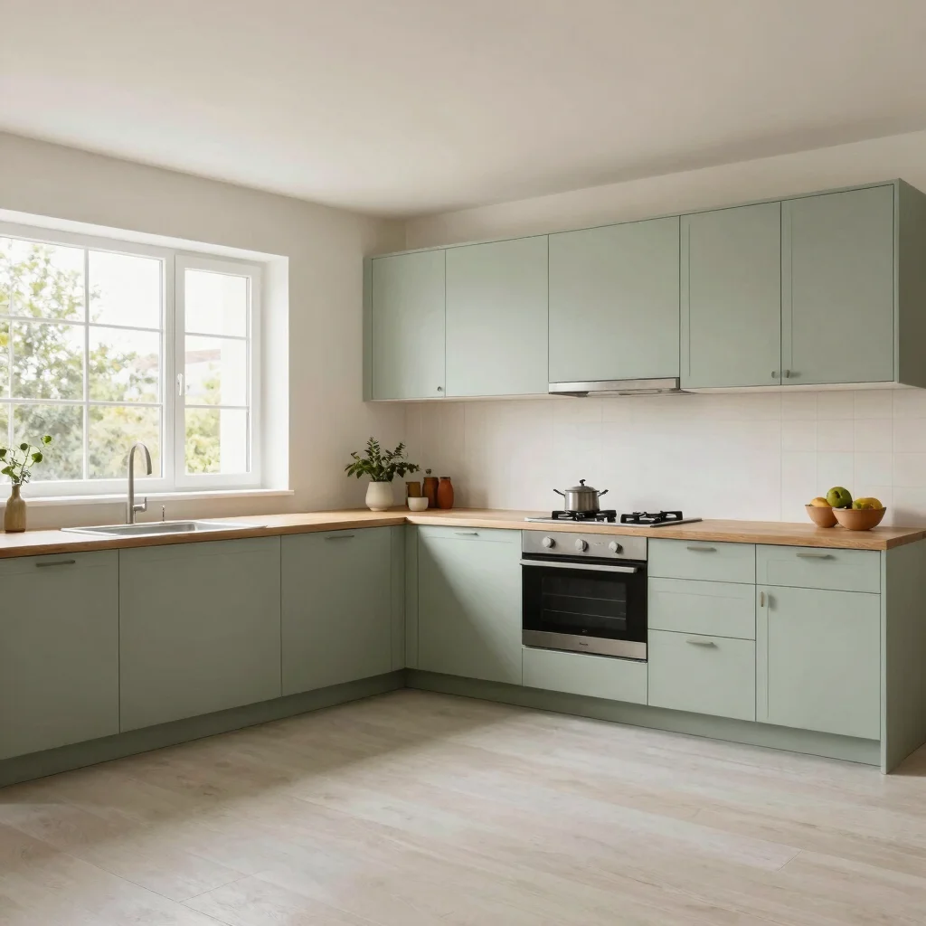 Bright white kitchen with sage green cabinets and oak countertop,